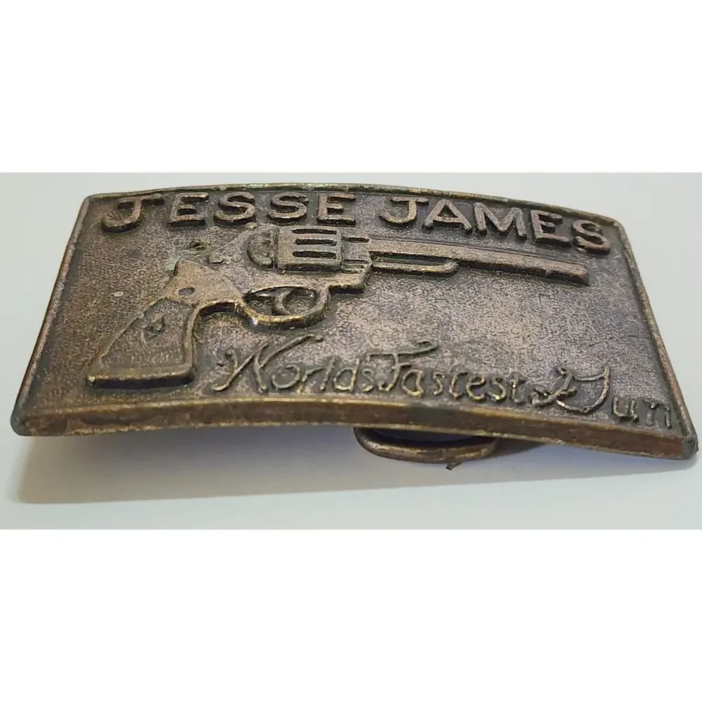 SEE DESC. JESSE JAMES Western Revolver Gun Outlaw Brass Tone Metal Belt Buckle
